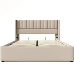 Okwish Lit coffre 160 x 200 cm - Lit Double avec Sommier à Lattes - Lin Bois Métal - Sans Matelas - Beige