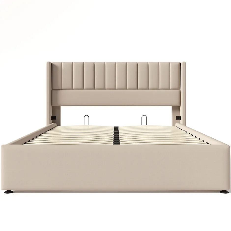 Okwish Lit coffre 160 x 200 cm - Lit Double avec Sommier à Lattes - Lin Bois Métal - Sans Matelas - Beige