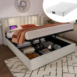 Okwish Lit Coffre 160 x 200 Cm - Lit Double avec Lampe de Lecture et Ports USB - Lin - Sans Matelas - Beige