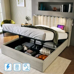 Okwish Lit Coffre 160 x 200 Cm - Lit Double avec Lampe de Lecture et Ports USB - Lin - Sans Matelas - Beige