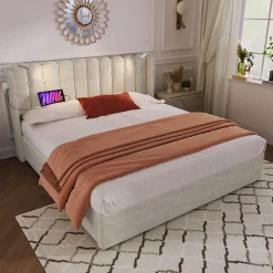 Okwish Lit Coffre 160 x 200 Cm - Lit Double avec Lampe de Lecture et Ports USB - Lin - Sans Matelas - Beige
