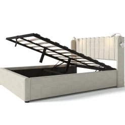 Okwish Lit Coffre 160 x 200 Cm - Lit Double avec Lampe de Lecture et Ports USB - Lin - Sans Matelas - Beige