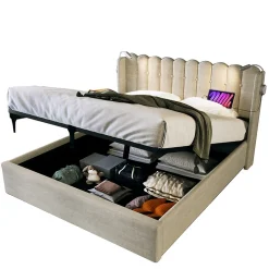 Okwish Lit Coffre 160 x 200 Cm - Lit Double avec Lampe de Lecture et Ports USB - Lin - Sans Matelas - Beige