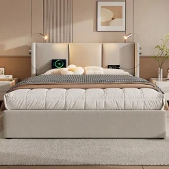 Okwish Lit Coffre 140 x 200 Cm - Lit Double avec Lampe de Lecture et Charge USB - Bois Massif et Lin - Sans Matelas - Beige Online