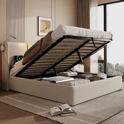 Okwish Lit Coffre 140 x 200 Cm - Lit Double avec Lampe de Lecture et Charge USB - Bois Massif et Lin - Sans Matelas - Beige Online
