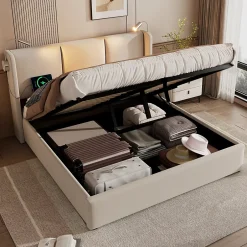 Okwish Lit Coffre 140 x 200 Cm - Lit Double avec Lampe de Lecture et Charge USB - Bois Massif et Lin - Sans Matelas - Beige Online