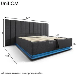 Generique Lit Coffre 160 x 200 Cm - Lit Double avec LED et Charge USB-C - Métal, Lin, Bois Massif - Sans Matelas - Gris New