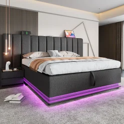 Generique Lit Coffre 160 x 200 Cm - Lit Double avec LED et Charge USB-C - Métal, Lin, Bois Massif - Sans Matelas - Gris New