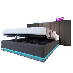 Generique Lit Coffre 160 x 200 Cm - Lit Double avec LED et Charge USB-C - Métal, Lin, Bois Massif - Sans Matelas - Gris New