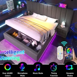 Generique Lit Coffre 160 x 200 Cm - Lit Double avec LED et Charge USB-C - Métal, Lin, Bois Massif - Sans Matelas - Gris New