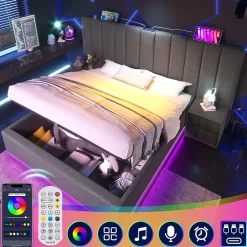 Generique Lit Coffre 160 x 200 Cm - Lit Double avec LED et Charge USB-C - Métal, Lin, Bois Massif - Sans Matelas - Gris New