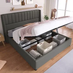 Generique Lit coffre 160 x 200 cm - Lit Double avec Sommier à Lattes - Lin Bois Métal - Sans Matelas - Gris Clearance