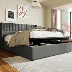 Generique Lit coffre 160 x 200 cm - Lit Double avec Sommier à Lattes - Lin Bois Métal - Sans Matelas - Gris Clearance