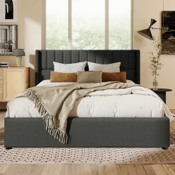 Generique Lit coffre 160 x 200 cm - Lit Double avec Sommier à Lattes - Lin Bois Métal - Sans Matelas - Gris Clearance