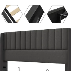 Generique Lit coffre 160 x 200 cm - Lit Double avec Sommier à Lattes - Lin Bois Métal - Sans Matelas - Gris Clearance