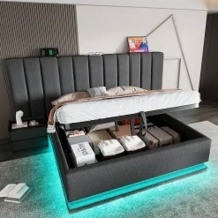 Okwish Lit Coffre 180 x 200 Cm - Lit Double Capitonné avec LED et Charge USB-C - Métal, Lin, Bois Massif - Sans Matelas - Gris Discount