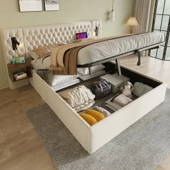 Okwish Lit coffre 180 x 200 cm - Lit rembourré avec 2 tables de chevet et lampe de lecture - Velours - Sans Matelas - Beige