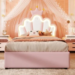 Okwish Lit Coffre 90 x 200 cm - Lit Simple Déco avec Mécanisme Hydraulique et LED, Tête de Lit Réglable - PU et MDF - Sans Matelas - Rose