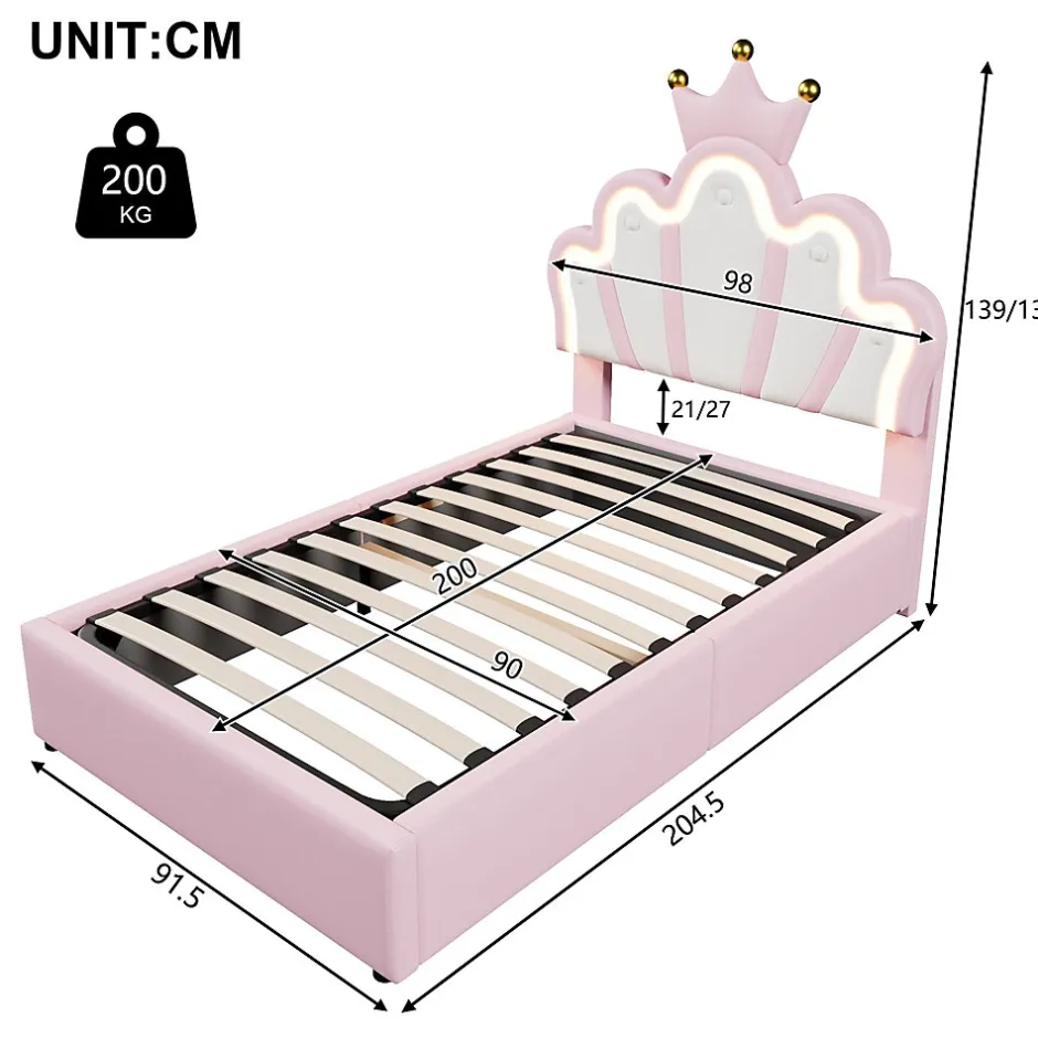 Okwish Lit Coffre 90 x 200 cm - Lit Simple Déco avec Mécanisme Hydraulique et LED, Tête de Lit Réglable - PU et MDF - Sans Matelas - Rose