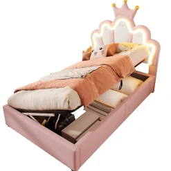Okwish Lit Coffre 90 x 200 cm - Lit Simple Déco avec Mécanisme Hydraulique et LED, Tête de Lit Réglable - PU et MDF - Sans Matelas - Rose