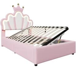 Okwish Lit Coffre 90 x 200 cm - Lit Simple Déco avec Mécanisme Hydraulique et LED, Tête de Lit Réglable - PU et MDF - Sans Matelas - Rose