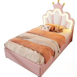 Okwish Lit Coffre 90 x 200 cm - Lit Simple Déco avec Mécanisme Hydraulique et LED, Tête de Lit Réglable - PU et MDF - Sans Matelas - Rose