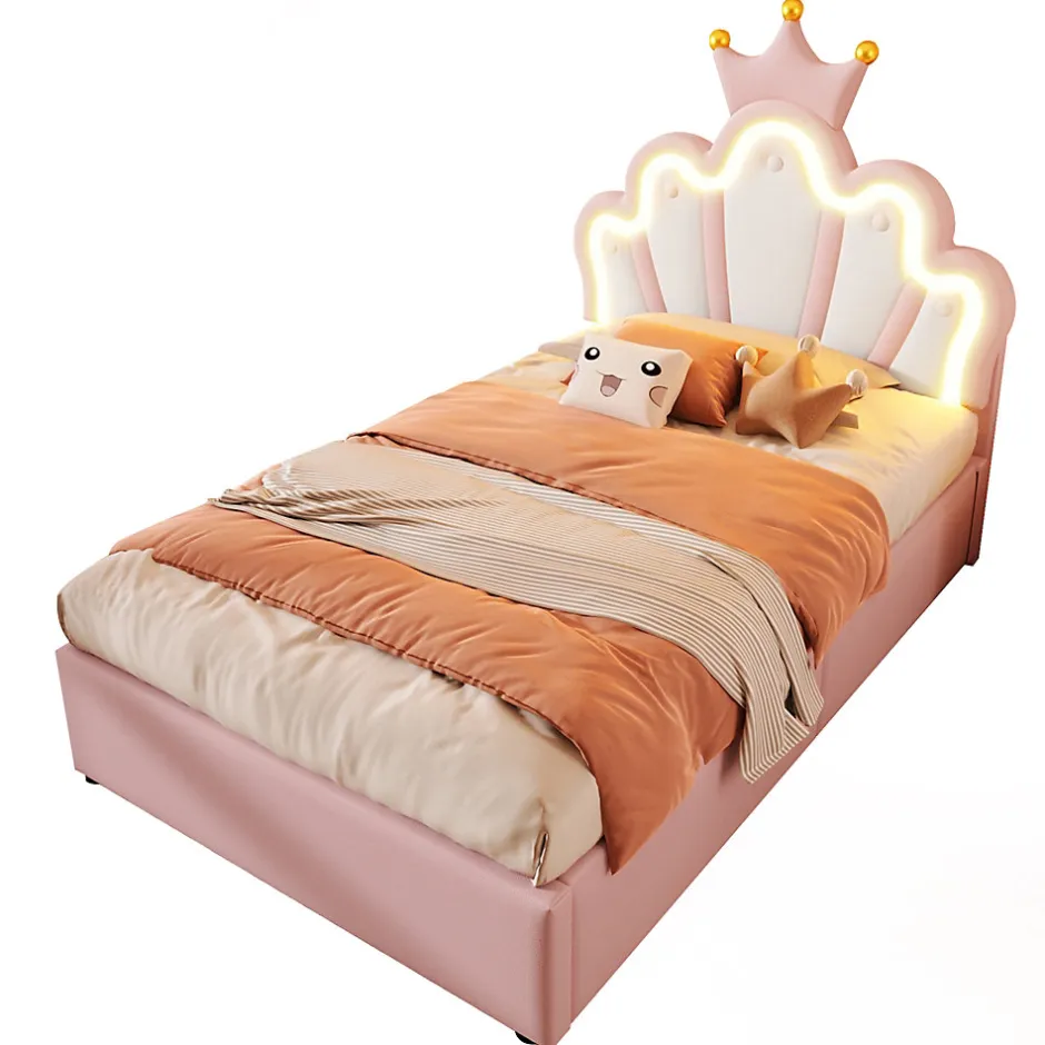 Okwish Lit Coffre 90 x 200 cm - Lit Simple Déco avec Mécanisme Hydraulique et LED, Tête de Lit Réglable - PU et MDF - Sans Matelas - Rose