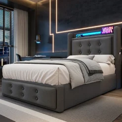 Okwish Lit Coffre 90 x 200 Cm - Lit Simple avec Tête de Lit LED et Charge USB C - Bois, Coton, Métal - Sans Matelas - Gris