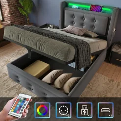 Okwish Lit Coffre 90 x 200 Cm - Lit Simple avec Tête de Lit LED et Charge USB C - Bois, Coton, Métal - Sans Matelas - Gris