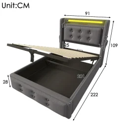 Okwish Lit Coffre 90 x 200 Cm - Lit Simple avec Tête de Lit LED et Charge USB C - Bois, Coton, Métal - Sans Matelas - Gris