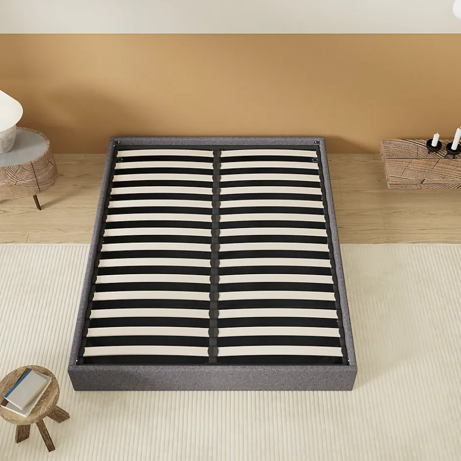 November Lit Coffre 120 x 190 cm - Sommier à lattes en bois - Cadre en tissu gris