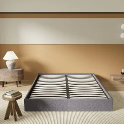 November Lit Coffre 120 x 190 cm - Sommier à lattes en bois - Cadre en tissu gris