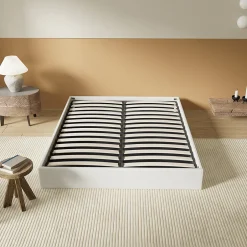 November Lit Coffre 140 x 200 cm - Sommier à lattes en bois - Cadre en tissu blanc