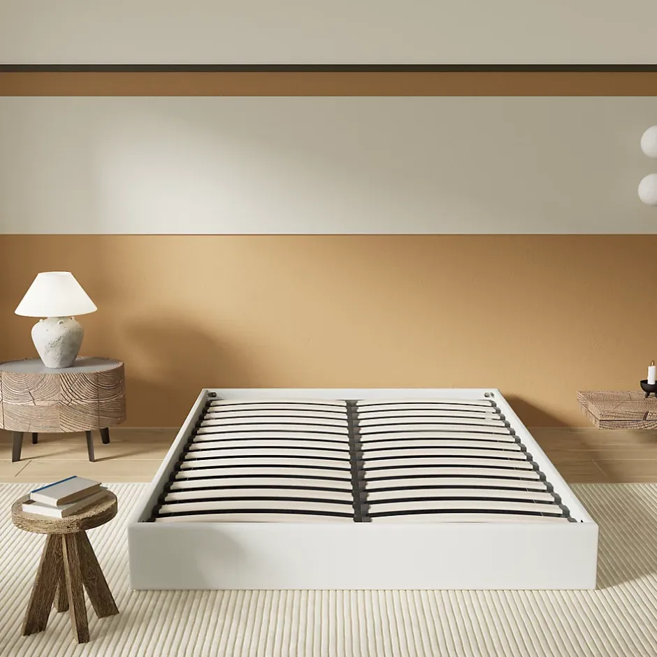 November Lit Coffre 120 x 190 cm - Sommier à lattes en bois - Cadre en tissu blanc