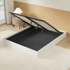 November Lit Coffre 140 x 190 cm - Sommier à lattes en bois - Cadre en tissu blanc Sale