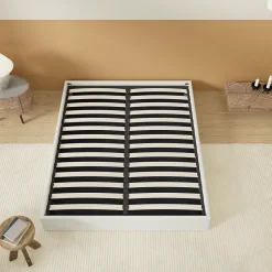 November Lit Coffre 140 x 190 cm - Sommier à lattes en bois - Cadre en tissu blanc Sale