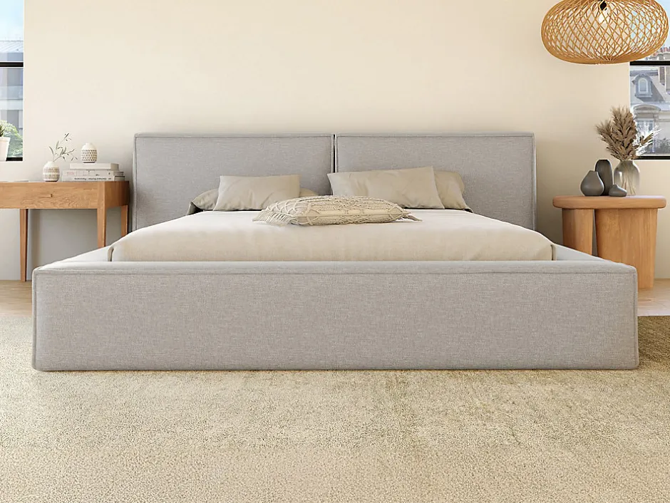 Vente-unique Lit coffre 140 x 190 cm - Tissu - Gris clair + Matelas - TIMANO