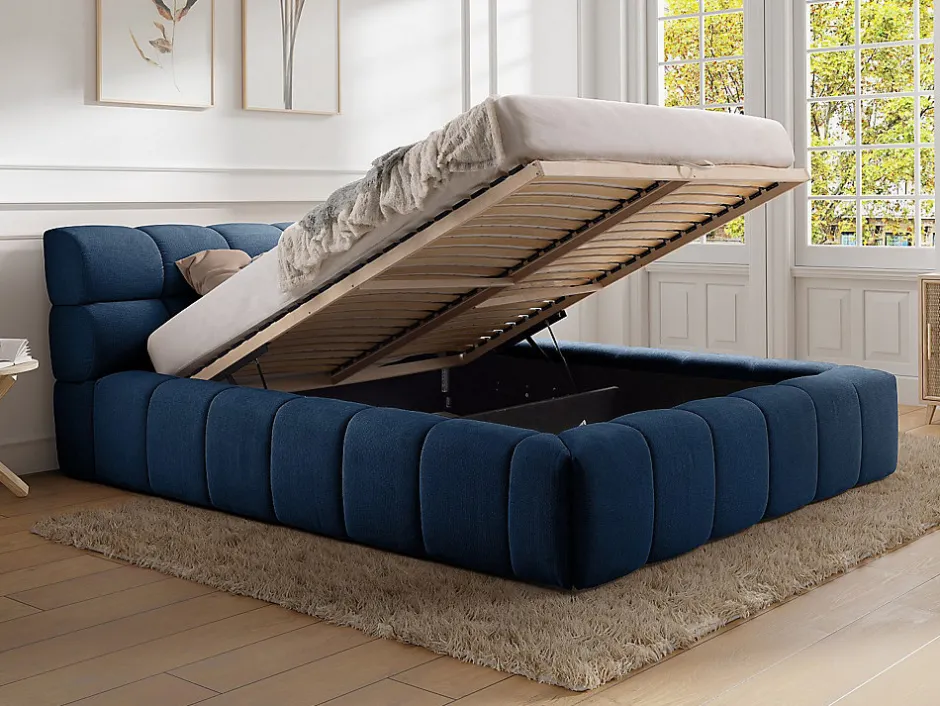 Vente-unique Lit coffre 160 x 200 cm - Tissu - Bleu nuit - FORVIK II