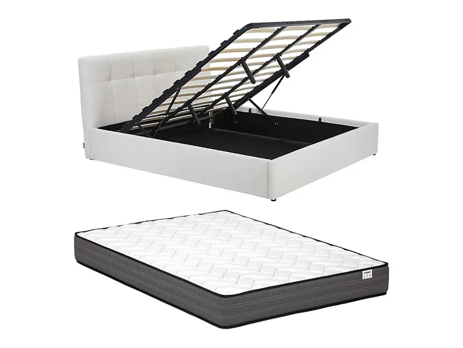 Vente-unique Lit coffre 180 x 200 cm - Tissu bouclette - Blanc + Matelas - MAZIRI Clearance