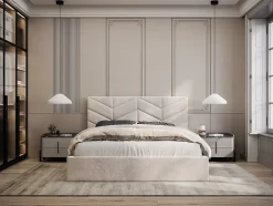 Vente-unique Lit coffre 140 x 190 cm - Tissu texturé - Crème + Matelas - JUSTANI Outlet
