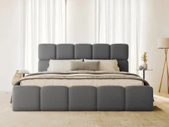 Vente-unique Lit coffre 140 x 190 cm - Tissu effet cuir - Gris - DAMADO