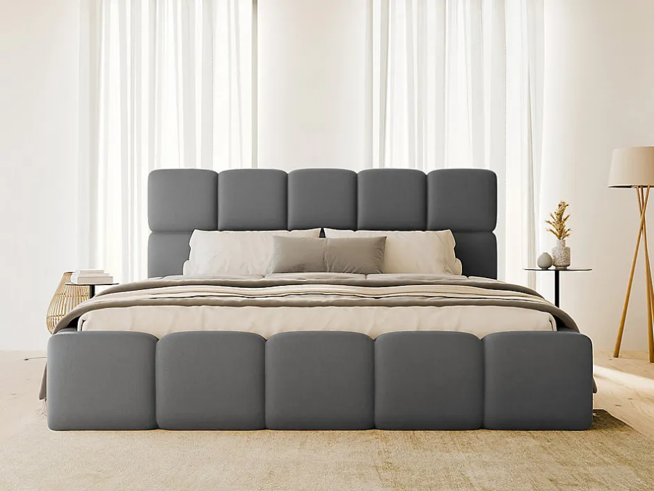 Vente-unique Lit coffre 140 x 190 cm - Tissu effet cuir - Gris - DAMADO