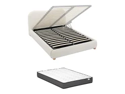 Vente-unique Lit coffre 160 x 200 cm - Tissu bouclette - Blanc + Matelas - VANARI