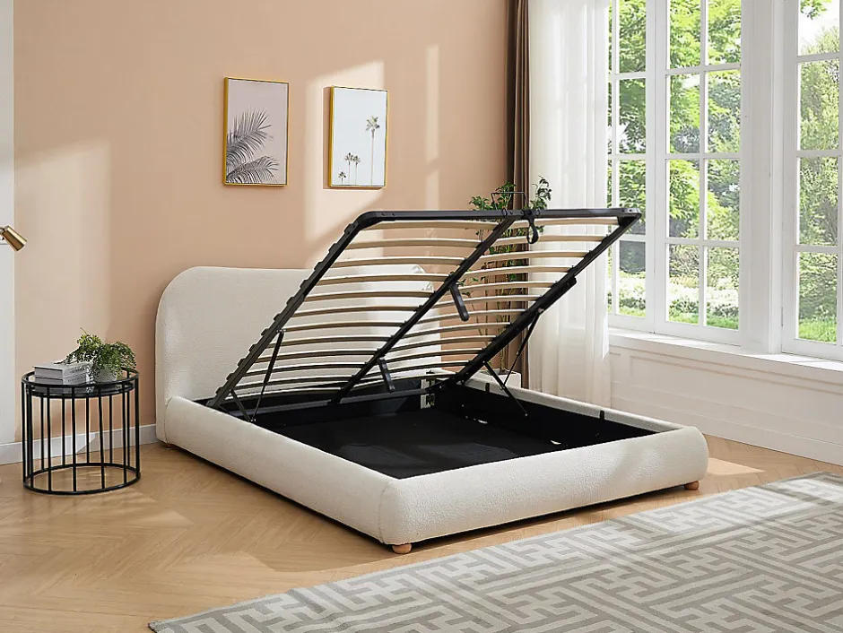 Vente-unique Lit coffre 160 x 200 cm - Tissu bouclette - Blanc + Matelas - VANARI
