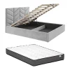 Vente-unique Lit coffre 200 x 200 cm - Tissu texturé - Gris + Matelas - JUSTANI