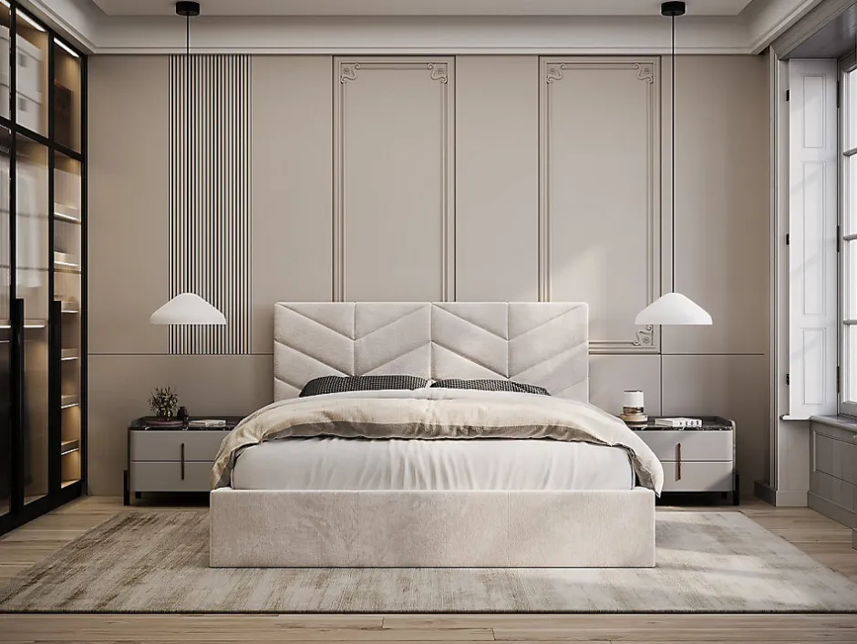 Vente-unique Lit coffre 160 x 200 cm - Tissu texturé - Crème - JUSTANI
