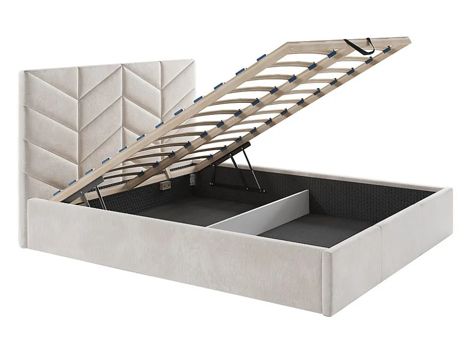 Vente-unique Lit coffre 160 x 200 cm - Tissu texturé - Crème - JUSTANI