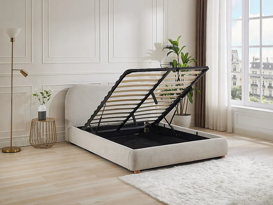 Vente-unique Lit coffre 160 x 200 cm - Tissu - Beige - VANARI