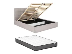 Vente-unique Lit coffre 160 x 200 cm - Tissu - Beige + Matelas - ELIAVA