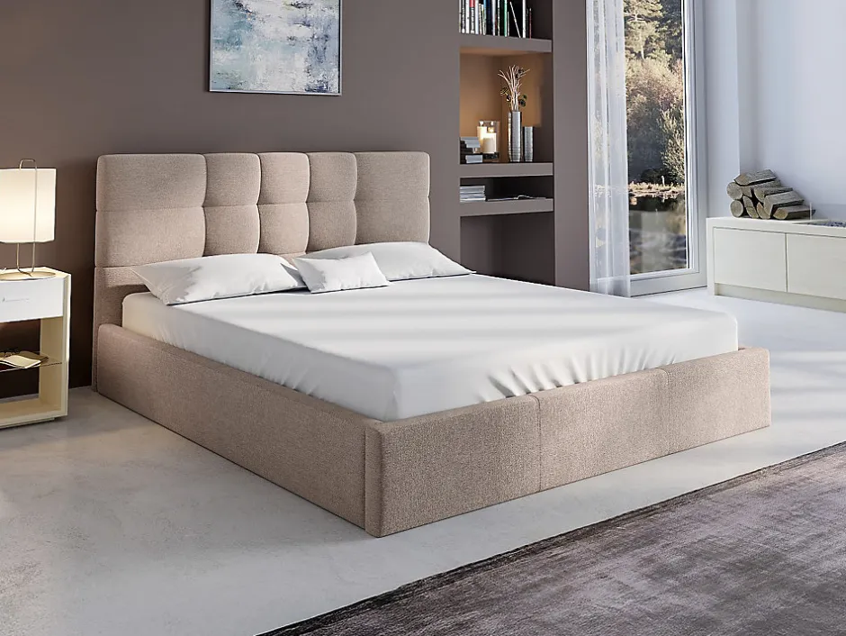 Vente-unique Lit coffre 160 x 200 cm - Tissu - Beige + Matelas - ELIAVA